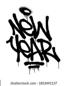 Sprayed new year tag graffiti with overspray in black over white. Vector illustration.