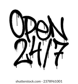 Sprayed open 24 7 tag graffiti with overspray in black over white. Vector illustration.