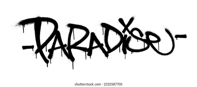 Sprayed paradise font graffiti with overspray in black over white. Vector illustration.