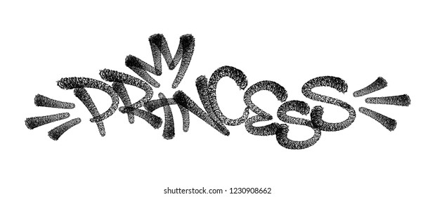 Sprayed princess font graffiti with overspray in black over white. Vector graffiti art illustration.