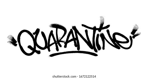 Sprayed quarantine font with overspray in black over white. Vector illustration.