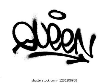 Sprayed queen font graffiti with overspray in black over white. Vector illustration.