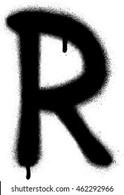 sprayed R font graffiti with leak in black over white