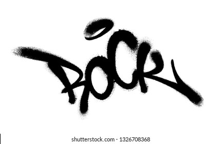 Sprayed rock font graffiti with overspray in black over white. Vector illustration.