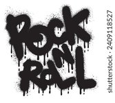 Sprayed rock n roll font graffiti with overspray in black over white. Vector illustration.