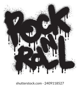 Sprayed rock n roll font graffiti with overspray in black over white. Vector illustration.