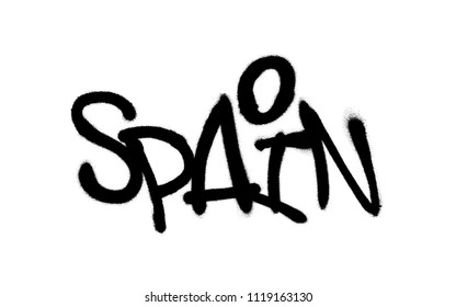 Sprayed Spain font graffiti with overspray in black over white. Vector graffiti art illustration.