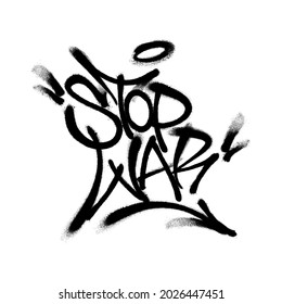 Sprayed stop war font graffiti with overspray in black over white. Vector illustration.