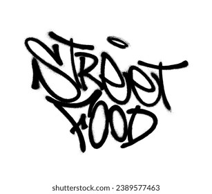 Sprayed street food font graffiti with overspray in black over white. Vector illustration.