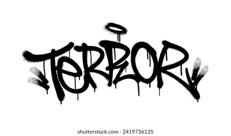 Sprayed terror font with overspray in black over white. Vector illustration.