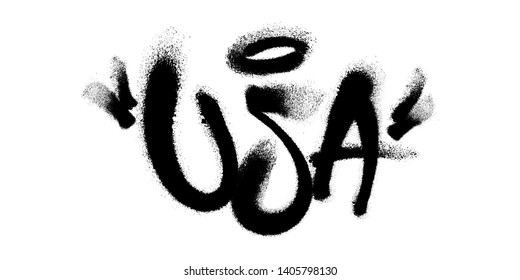 Sprayed USA font graffiti with overspray in black over white. Vector illustration.