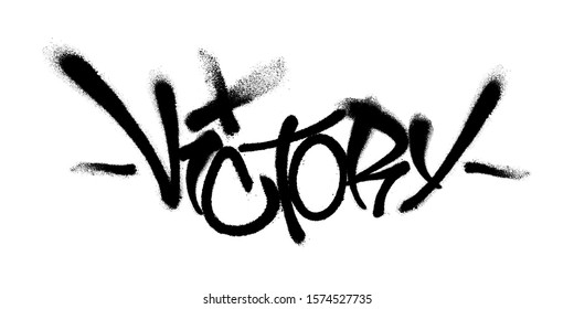 Sprayed victory font graffiti with overspray in black over white. Vector illustration.