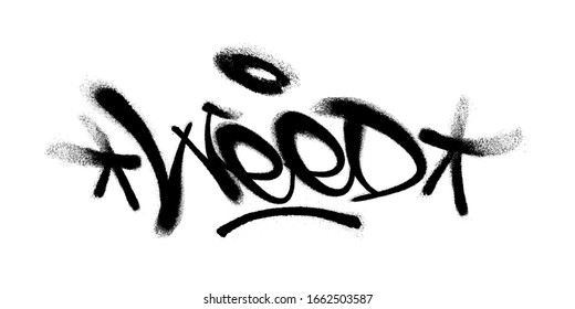 Sprayed Weed Font Graffiti With Overspray In Black Over White. Vector Illustration.