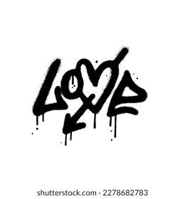 Sprayed word love in urban graffiti style with overspray in black over white. Vector textured typography illustration with heart shape and arrow.