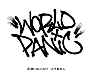 Sprayed world panic font with overspray in black over white. Vector illustration.