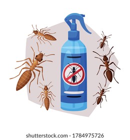 Botella de rociador de insecticida de hormiga y termita, servicio de control de plagas, detección y extinción de insectos Ilustración vectorial