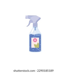 Sprayer bottle with blue antiseptic liquid flat style, vector illustration isolated on white background. Leaves and medical sign on label, healthcare and hygiene, design element