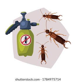 Sprayer Bottle of Diplura Harmful Insect Insecticide, Pest Control Service, Detecting and Exterminating Insects Vector Illustration