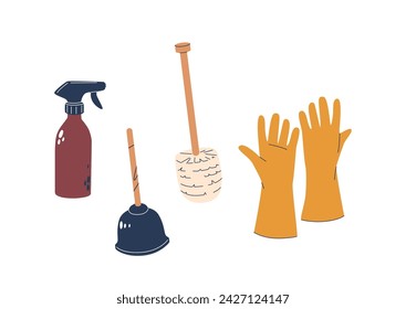 Sprayer Bottle Dispense Cleaning Solutions, Plunger Unclog Drains, Toilet Brush Scrub Bowl And Gloves Protect Hands