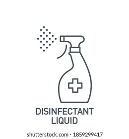 sprayer bottle with spray drops of antiseptic or disinfectant liquid single line icon isolated on white. outline icon symbol Coronavirus Covid 19 banner disinfect surface element with editable Stroke