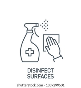 sprayer bottle with spray drops of antiseptic or disinfectant liquid single line icon isolated on white. outline icon symbol Coronavirus Covid 19 banner disinfect surface element with editable Stroke
