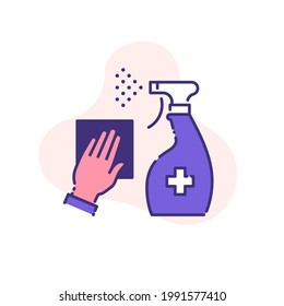 sprayer bottle with spray drops of antiseptic or disinfectant liquid single flat line icon isolated on white. outline icon symbol Coronavirus Covid 19 banner disinfect surface flat element