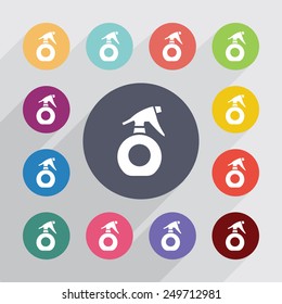 sprayer circle, flat icons set. Round colorful buttons 
