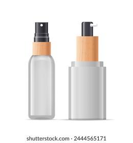 Sprayer Cosmetics Bottles Realistic 3d Vector Mockup. Glass Flasks With Pump Mechanism For Dispensing Liquid Products