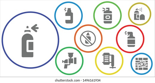 sprayer icon set. 9 filled sprayer icons.  Collection Of - Spray bottle, Spray, Airbrush, Compressor, Aerosol, Graffiti