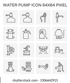 Sprayer vector icon. Consist of manual hand compression, backpack, drone and boom. Include pump i.e. drinking water bottle pump, diaphragm, centrifugal, hand rotary, barrel, screw and well. 64x64 px.