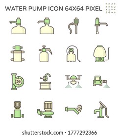 Sprayer vector icon. Consist of manual hand compression, backpack, drone and boom. Include pump i.e. drinking water bottle pump, diaphragm, centrifugal, hand rotary, barrel, screw and well. 64x64 px.