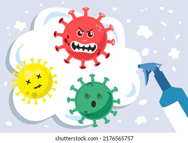 Spraying alcohol to prevent and stop infection of coronavirus. Cartoon coronavirus or monkey pox viruses.