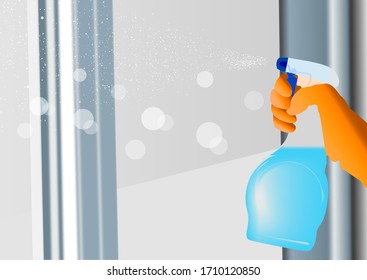 Spraying Anti-Bacterial Sanitizer Spray, Hand Sanitizer Dispenser, infection control concept. Sanitizer to prevent colds, virus, Coronavirus, flu. Spray bottle.