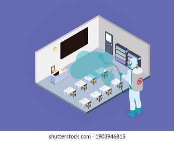 Spraying classroom with disinfectant 3D isometric vector concept for banner, website, illustration, landing page, flyer, etc