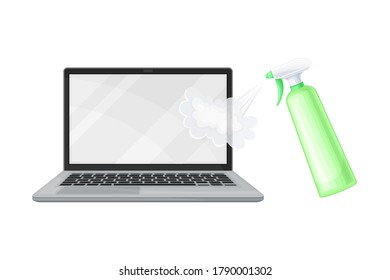 Spraying Detergent Aerosol Bottle Cleaning Laptop Screen Vector Illustration