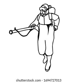 Spraying disinfectant, with complete PPE on White background 