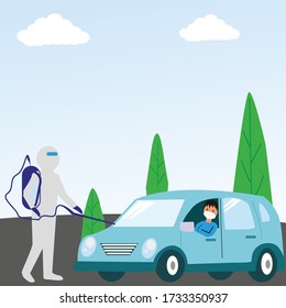 spraying disinfectants to motorists to prevent the spread of the corona virus