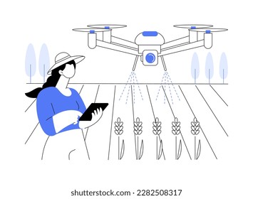 Ilustración del vector de concepto abstracto con aerosol. El hombre controla la rociación de drones a distancia, la agricultura inteligente, la mejora de las condiciones del suelo, la agricultura de precisión, la metáfora abstracta de la tecnología moderna.