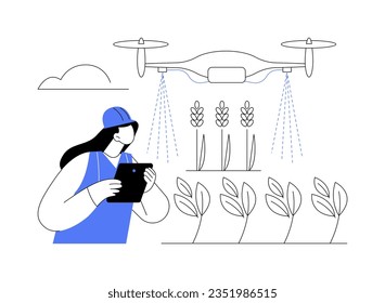 Spritzen von Drohne abstrakte Konzept Vektorgrafik. Bauern mit Laptop kontrollieren landwirtschaftliche Drohnen auf dem Feld, moderne Anbautechnik, Robotik-Datenerfassung abstrakte Metapher.