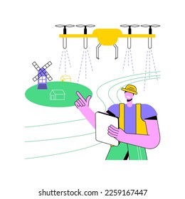 Spraying drone isolated cartoon vector illustrations. Man controls spraying drones remotely, smart farming, improve soil condition, precision agriculture, modern technology vector cartoon.