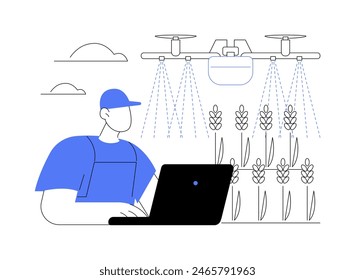 Spraying drone isolated cartoon vector illustrations. Farmer with laptop controls agricultural drones on the field, modern cultivation technology, robotics data collection vector cartoon.