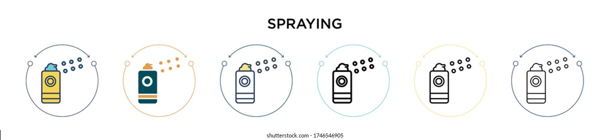 Spraying icon in filled, thin line, outline and stroke style. Vector illustration of two colored and black spraying vector icons designs can be used for mobile, ui, web