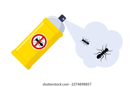 Esparcir insecticida sobre la hormiga. Control de plagas. Aerosol para la prevención de mordeduras. Ilustración del vector