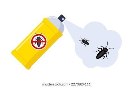 Spraying insecticide on cockroach. Pest control. Aerosol for bug bite prevention. Vector illustration