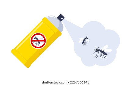 Spraying insecticide on mosquitoes. Pest control. Aerosol for bug bite prevention. Vector illustration