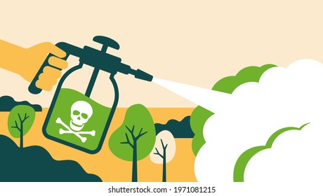 Spraying pesticide and insecticide. Farmers hand holding sprayer with fertilizer. Chemical treatment of garden plants concept. Vector illustration svg