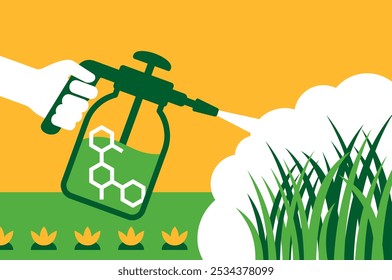 Spraying pesticide and insecticide. Farmers hand holding sprayer with fertilizer. Chemical treatment of garden plants concept. Vector illustration