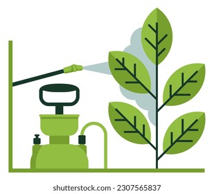 Spraying pesticide or insecticide. Hand gardening sprayer with fertilizer. Chemical treatment of garden plants concept. Vector illustration svg