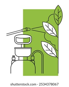 Spraying pesticide or insecticide. Hand gardening sprayer with fertilizer. Chemical treatment of garden plants concept. Vector illustration in thin line and green color