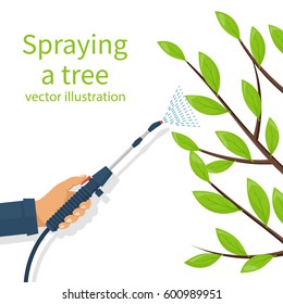 Spraying pesticide. Processing of trees. Insecticide. Farmer exterminator hold sprayer fertilizer in hand. Vector flat design. Isolated on white background. Chemicals in garden. Deciduous branches.